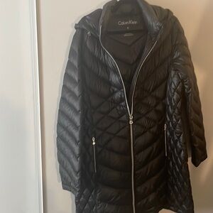 calvin klein long jacket cap closure side pockets closures lightweight